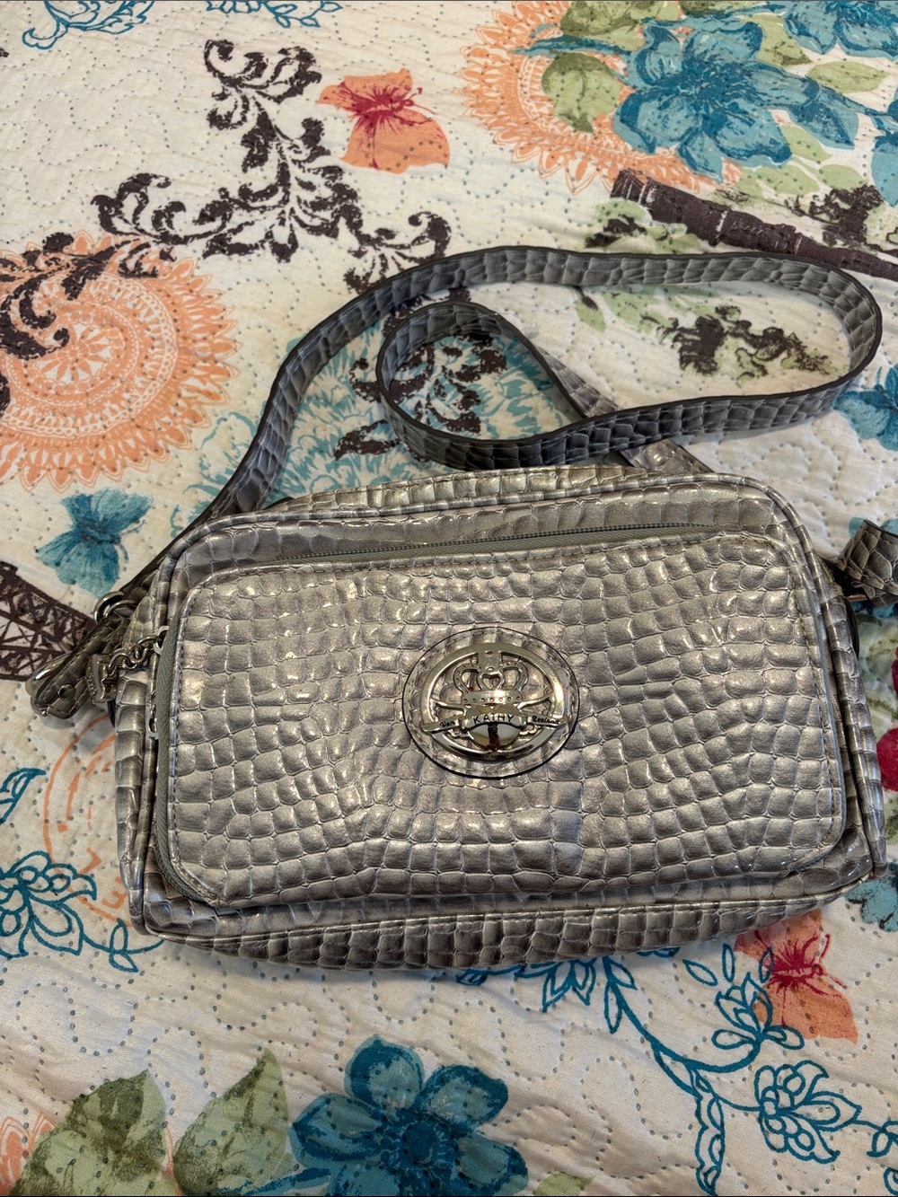 Kathy Van Zeeland Metallic Silver Croc-Embossed Crossbody